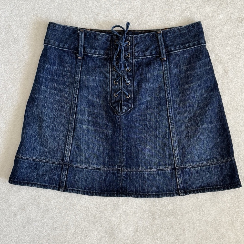 Abercrombie & Fitch Y2K Denim Mini Skirt Womens Size 4 Lace Up Front Blue Jean